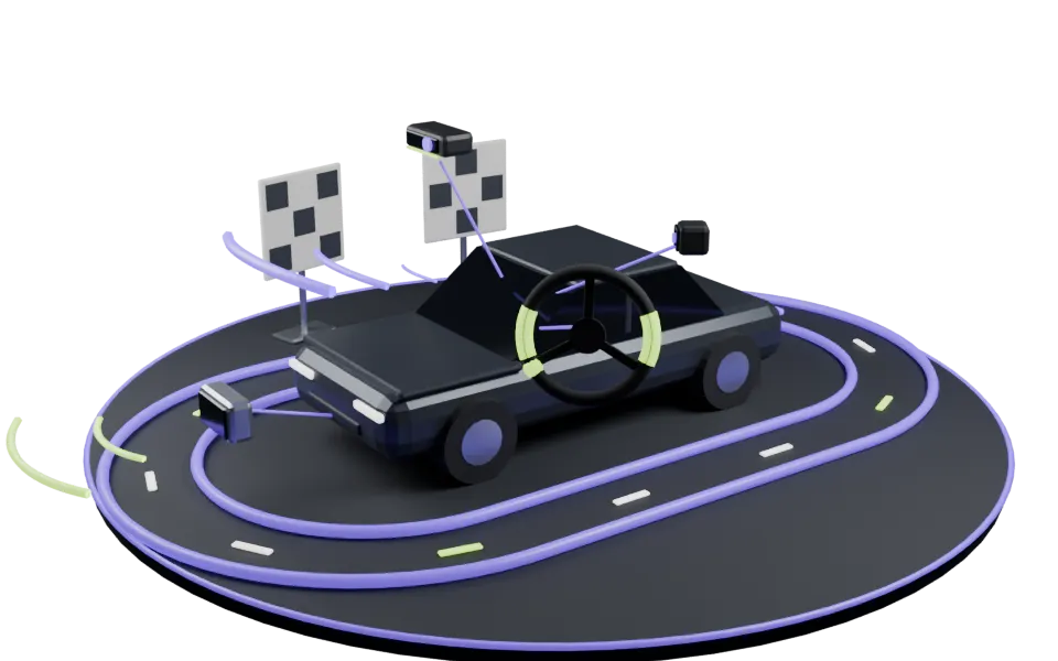 A plain unbranded dark sedan on a round floor inside a loop of glowing violet lane rails with lane dashes running round it; the driver-assistance retrofit parts float around it on thin leader lines: a windshield camera, a driver-monitoring camera cube, a steering wheel ring with lime light strips and a pulse running round it, and a front radar sending lime ripples forward, with two checkered calibration boards turning slowly behind